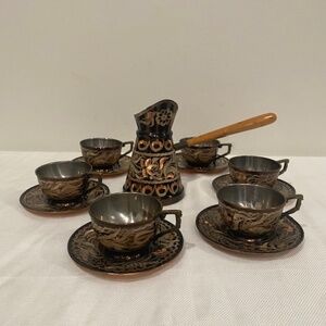 Vintage Turkish Copper Etched Coffee Set x 6 from Istanbul